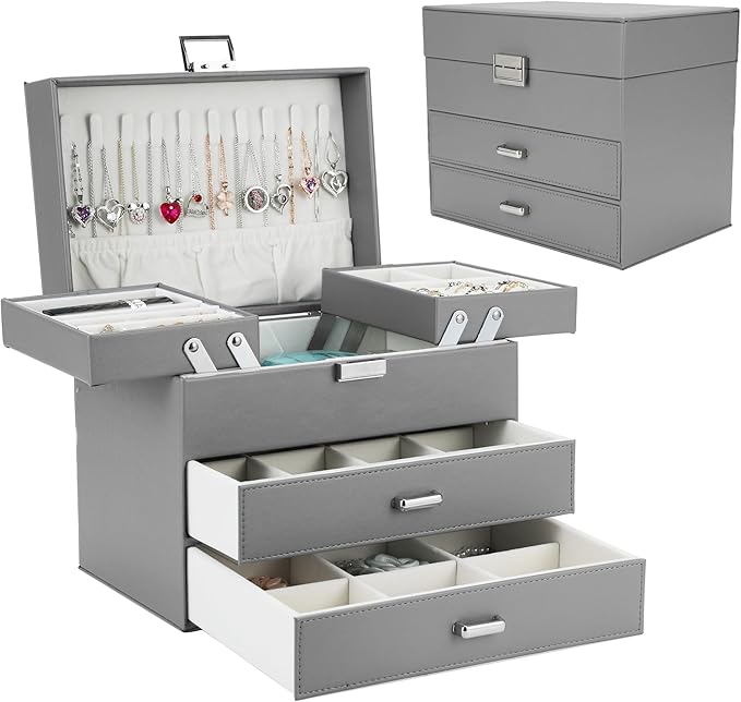 Dajasan Jewelry Organizer Box, Large Jewelry Boxes for Women Girls, Space-Saving 4 Layers Jewelry Storage Case with Drawer, Movable Metal Stand, Modern, Gift Idea (Grey)