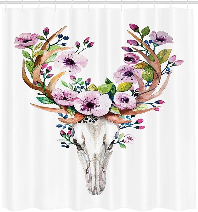 Ambesonne Skull Shower Curtain, Deer Animal Skull with Floral Horns Nature Inspired Dead and Living Art Print, Cloth Fabric Bathroom Decor Set with Hooks, 69" W x 70" L, Brown Purple