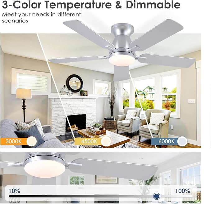 46 Inch Ceiling Fans with Lights and Remote, Flush Mount, Silver | Low Profile, Dimmable LED, Reversible, Quiet DC Motor, Wooden Blades, for Modern Apartment Bedroom Home Office Living Room