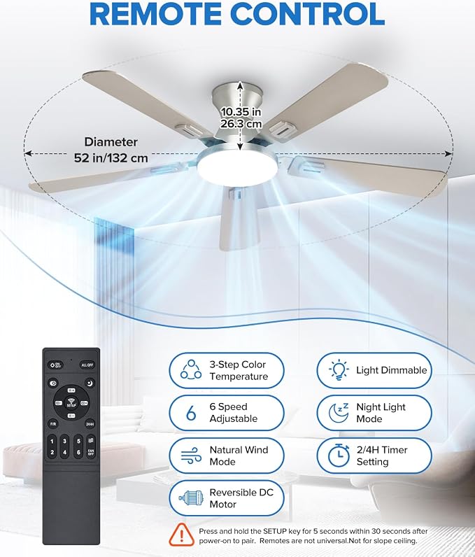 UME 52" Ceiling Fan with Lights & Remote, 6 Blades Low Profile Ceiling Fan, Quiet DC Motor, Natural Wind, 6 Speeds, 3CCT Dimmable 20W LED Modern Ceiling Fan for Bedroom, Living Room, Nickel