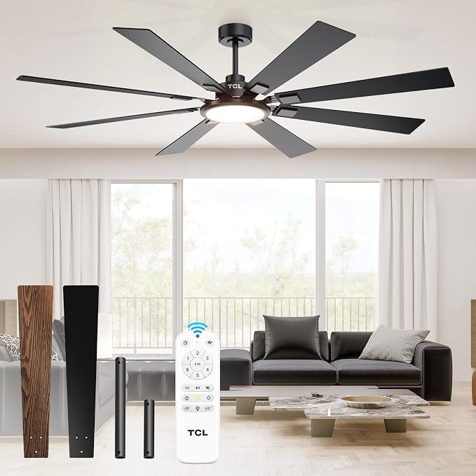 TCL Ceiling Fans with Lights and Remote: 8 Blades, Quiet Reversible DC Motor, Dimmable Super Bright LED, Noiseless Large Modern Fan for Room, Outdoor, Commercial and Industrial Use (Black, 62 Inch)