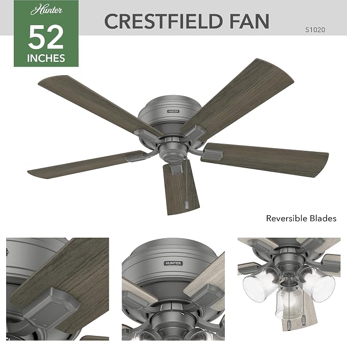 Hunter Crestfield, Indoor, Ceiling Fan, Quiet, 52 inch, Matte Silver