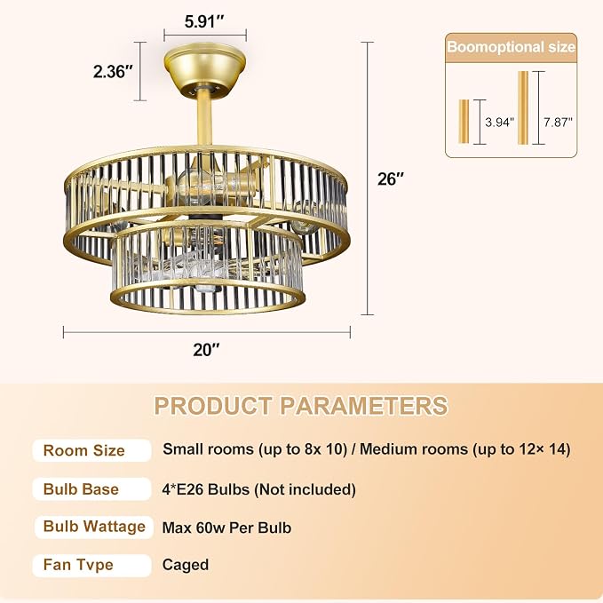 Depuley Bedroom Ceiling Fan with Lights: 20" Gold Chandelier Cagd Fan with Remote Control - Modern Crystal Fandelier for Girl's Bedroom Living Room Nursery (E26 Bulbs Not Included)