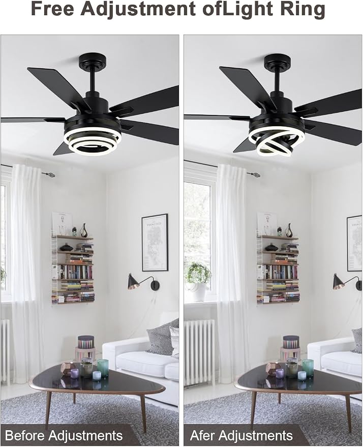Bella Depot 52" Modern Black Ceiling Fan with Light and Remote, Chandelier Fan Light for Living Room Bedroom Office Indoor Patio