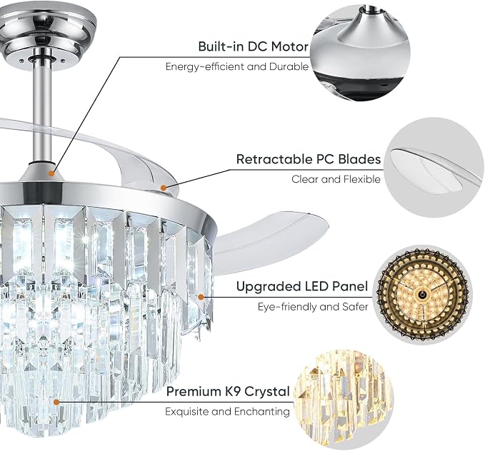 TXCSLY 48" Fandelier Ceiling Fan with Light, Crystal Chandelier Fan with Retractable Blades Dimmable Crystal Ceiling Fan Chandelier for Bedroom Living Room Dining Room-Chrome
