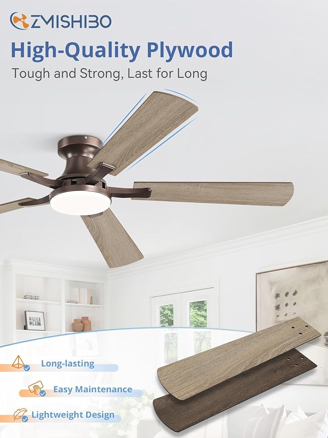 ZMISHIBO 60 Inch Ceiling Fan with Light, App&Remote Control, Flush Mount Low Profile, Dimmable 20W LED Light, Quiet Reversible Motor for Bedroom, Living Room, Apartment, Brown