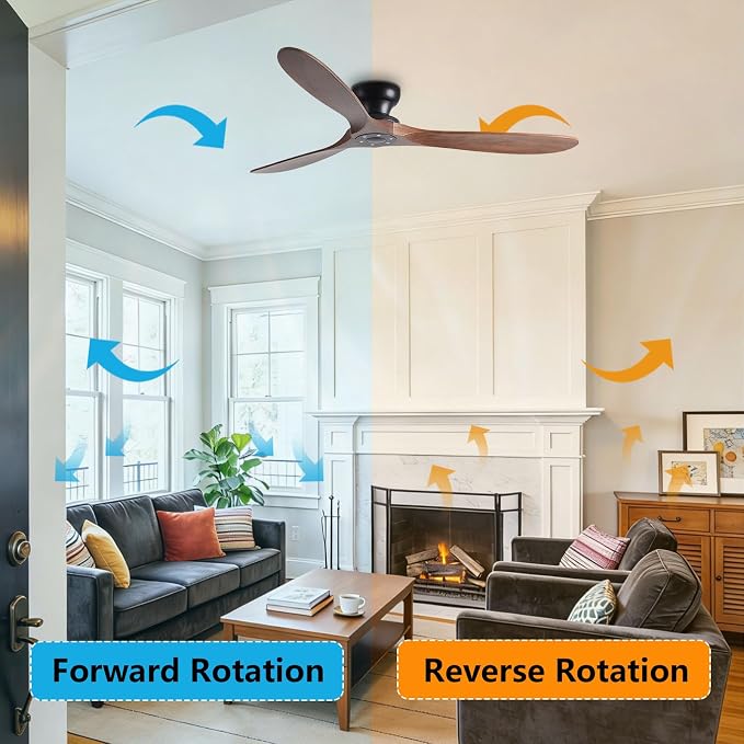 Solid Wood 42in Ceiling Fan Without Lights Flush Mount Ceiling Fans with Remote Control 6 Speeds, Wood Blades Modern Ceiling Fan No Light for Bedroom/Farmhouse/Patio/Indoor