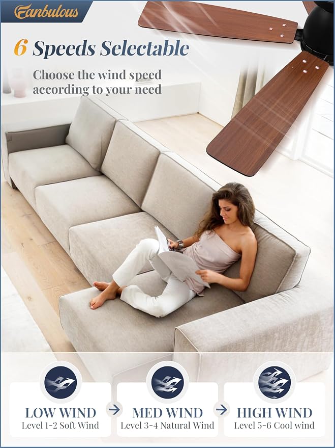 Fanbulous 52 Inch Flush Mount Ceiling Fan with Light, Remote & App, Black | 3CCT 20W LED, 6-Speed Quiet Reversible Motor, Modern Low Profile Flush Mount, Ideal for Bedroom/Living Room/Kitchen.