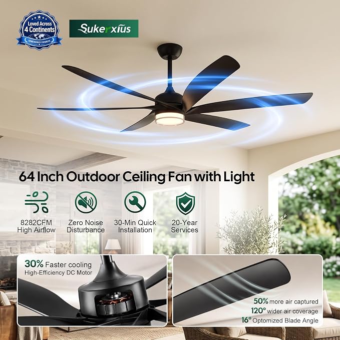64 inch Smart Ceiling Fan with Light, Alexa/APP/Wifi/Remote Control, Large 6 Black Blades, High Airflow Quiet Reversible DC Motor, Indoor Outdoor Fans for Covered Patios, Gazebo, Deck, 3 Downrods