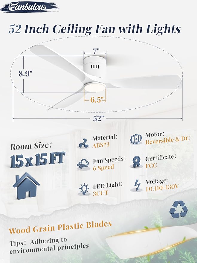 Fanbulous 52" Ceiling Fans with Lights and Remote Control,Modern Flush Mount Ceiling Fan with 3 CCT,Low Profile Ceiling Fans with 6-Speeds Reversible DC Motor for Patio Living Room Bedroom(White)