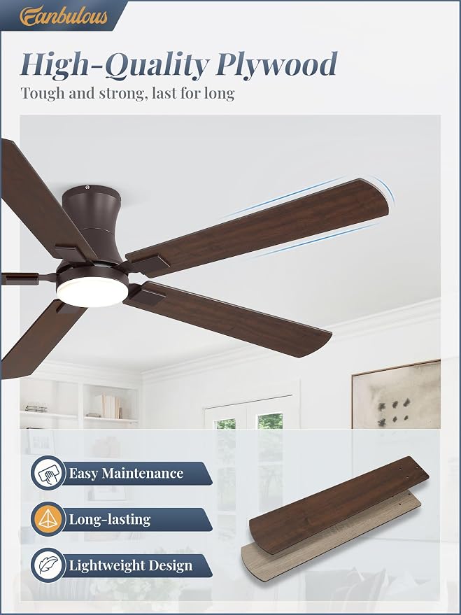 Fanbulous 60 inch Ceiling Fan with Light, Low Profile Ceiling Fan with Light, App&Remote Control, Dimmable LED Light, Flush Mount Ceiling Fan for Indoor Bedroom Living Room, Qiuet DC Motor