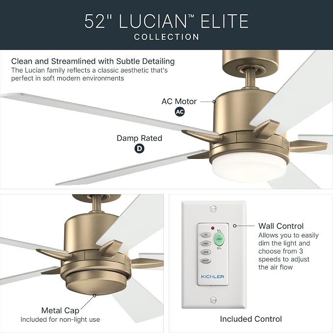 Kichler Lucian Elite 52 in Indoor Ceiling Fan with LED Light, 5 Blade Modern Champagne Bronze Fan with Matte White Blades for Bedroom, Living Room, Office, 330000CPZ