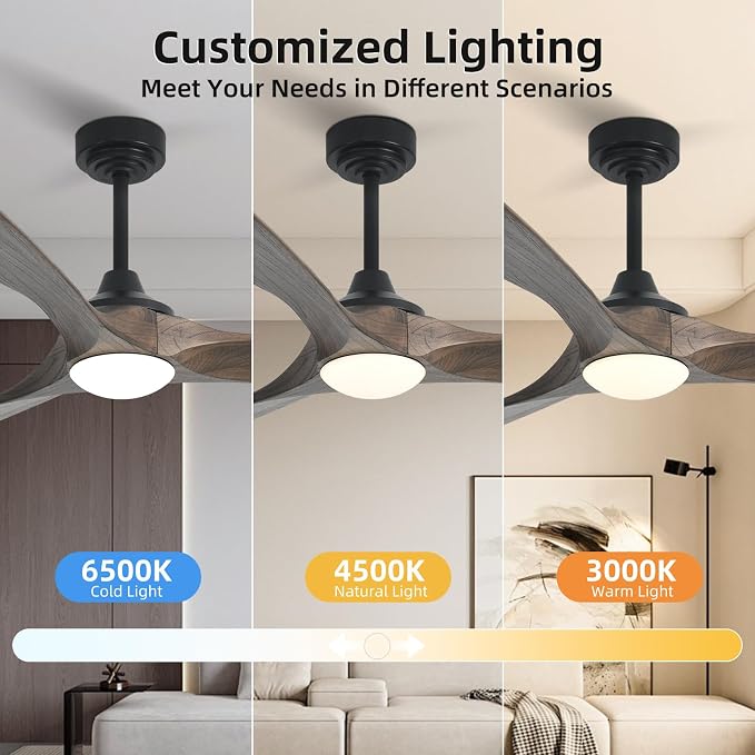 60” Outdoor Ceiling Fan with Light 3 Downrods, Smart Wood Ceiling Fan Compatible with Alexa/Google/App, 3 Blades Modern Walnut Wood Ceiling Fans for Kitchen Living Room Patio,Dark Brown