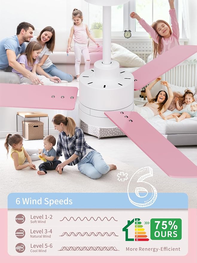 LANMEL 42'' Ceiling Fan with Lights and Remote, Pink Blue Ceiling Light for Kids Room, Modern Ceiling Fan for Boys Girls, 6 Speed, Reversible, 3000k-6000k LED, Quiet DC Motor for Indoor Outdoor