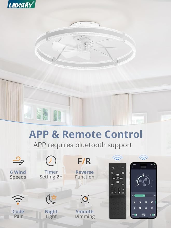 LEDIARY Ceiling Fans with Lights and Remote, 24'' Low Profile Ceiling Fan with Light, 3000-6000K Dimmable Fandelier Ceiling Fans, Modern Flush Mount Fan Light for Bedroom with 6 Wind Speeds- White