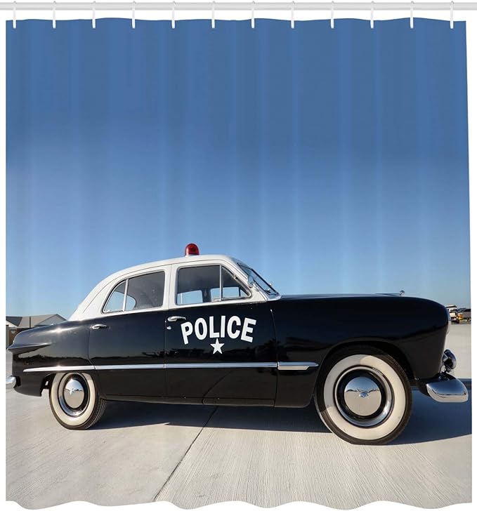 Ambesonne American Shower Curtain, Side View of a Parked Old American Police Car and The Sky Digital Print, Cloth Fabric Bathroom Decor Set with Hooks, 69" W x 75" L, Blue Beige and Black
