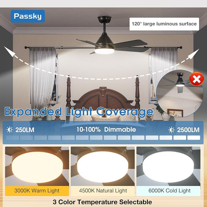Passky Ceiling Fans with Lights, 42 inch Sleek Ceiling Fan with Light and Remote Control, 3CCT, Dimmable, Reversible, Noiseless, Black Ceiling Fan for Bedroom, Living Room