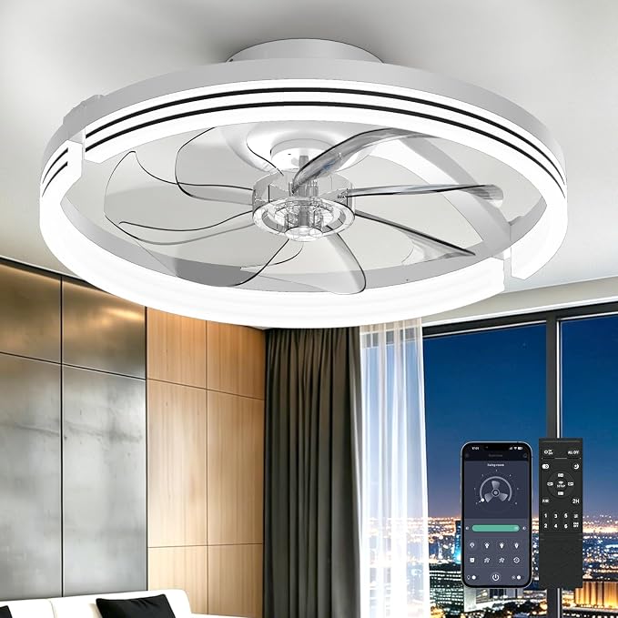 AIKVSXER Ceiling Fans with Lights and Remote, 20'' Low Profile Ceiling Fan with APP Control, 3000K-6500K Dimmable, Quiet Reversible DC, Modern Flush Mount Fandelier for Bedroom (White-Stripe)