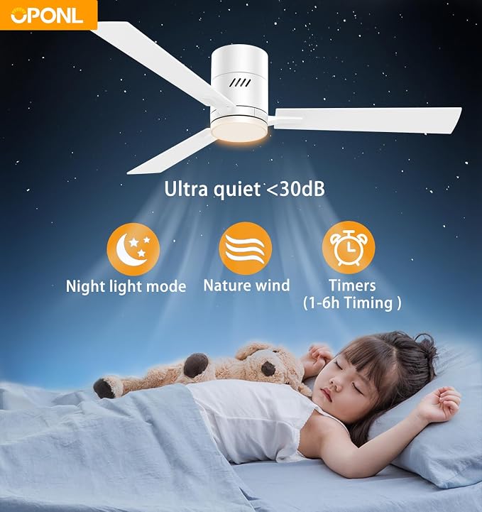 OPONL Ceiling Fan with Light, 52 inch Low Profile Ceiling fan with Light and Remote Control, Reversible, 6CCT, Dimmable, Noiseless, White Ceiling Fan for Bedroom, Indoor/Outdoor Use, Classic