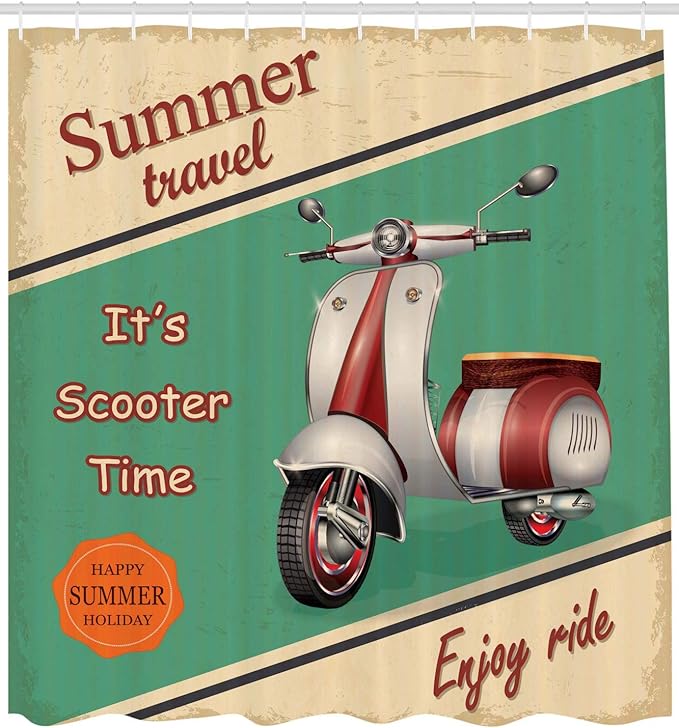 Ambesonne Vintage Shower Curtain, Scooter Motorbike Summer Travel Italian City Sight Hipster Enjoy Ride Illustration, Cloth Fabric Bathroom Decor Set with Hooks, 69" W x 70" L, Eggshell Teal Apricot