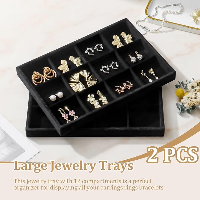 Large Velvet Jewelry Tray 2 Pack Stackable Jewelry Display Drawer Inserts Trays Organizer for Earring Bracelet Necklace Ring (Black, 12 Grids)