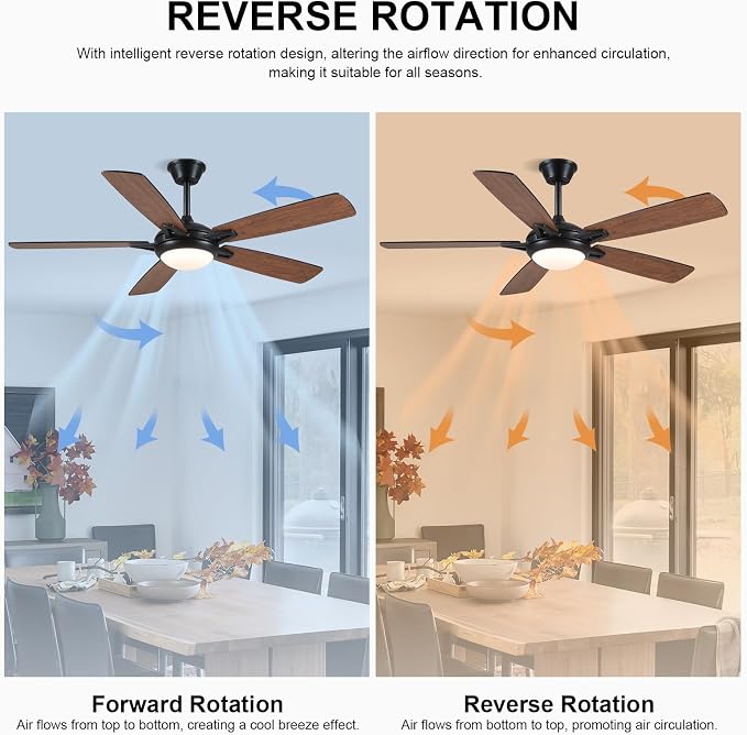 Kviflon 52 Inch Ceiling Fans with Lights and Remote, Modern Indoor Outdoor Ceiling Fan for Bedroom Living Room Patio Porch, 6 Speeds, Reversible Quiet Motor, Dual Finish Wooden Blades, Brown