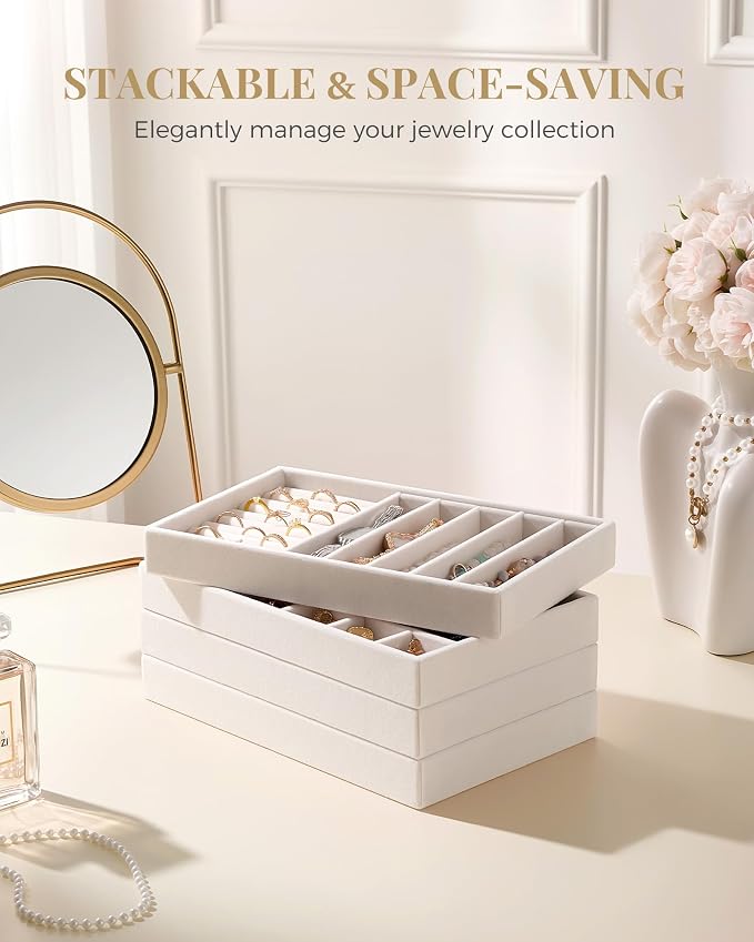 Lolalet Jewelry Drawer Organizer Inserts, Stackable Velvet Tray Jewelry Storage Organizers Set Display Cases for Necklaces Bracelets Earrings Rings Chains Bangles Watches, Beige, Set of 4