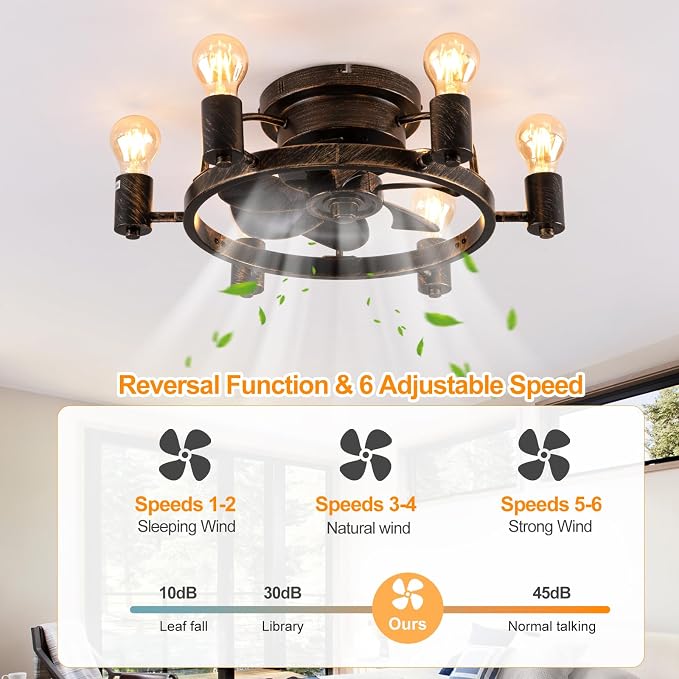 Garwarm Ceiling Fans with Lights and Remote, 20 Inch Low Profile Flush Mount Ceiling Fan with Light, Farmhouse Rustic Industrial Fan Lights Ceiling Fixtures for Bedroom,Kitchen(6 Speed,Timing)-Bronze