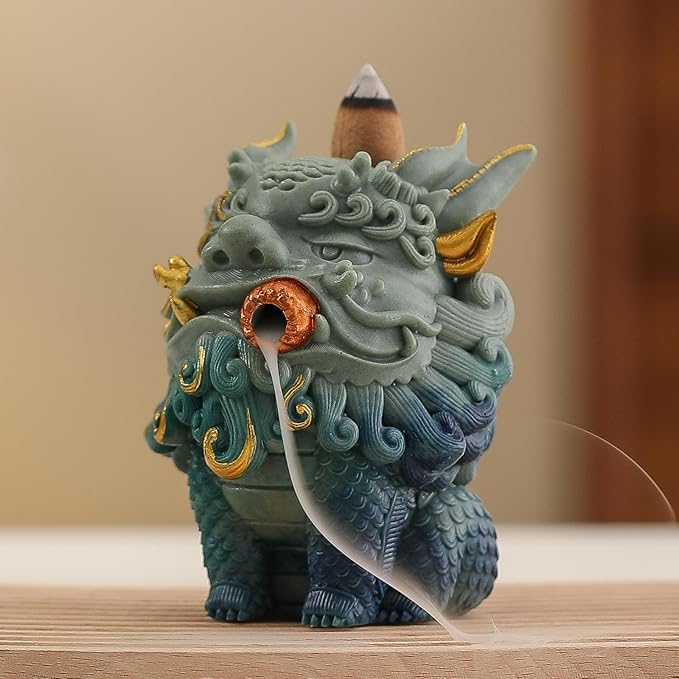 Backflow Incense Burner - Resin Tabletop Incense Holder for Cones, Fortune Dragon Statue Home Decor, Desktop Aromatherapy Ornament with Smoke Waterfall Effect for Living Room