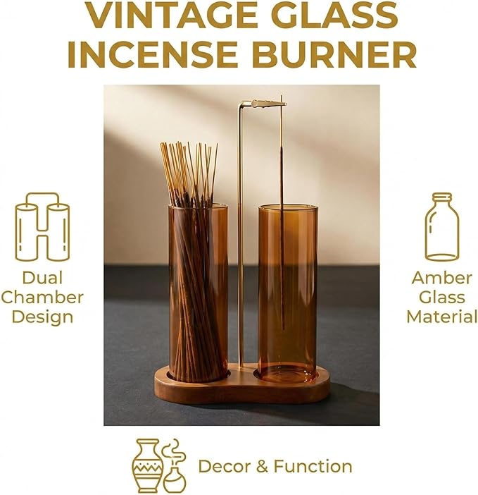 Amber Glass Incense Holder,Retro Incense Sticks Burner Holder with Storage,Hang Upside Down Incense Holder for Sticks with Glass Ash Catcher for Meditation Yoga Spa Room Decor (Amber)