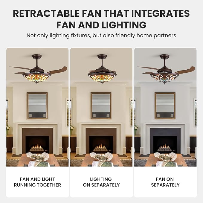52inch Ceiling Fan Tiffany Style Stained Glass Retractable Ceiling Fans with Remote & Dimmable Light 6-Speed Reversible Motor for Bedroom Dining Room Living Room Kitchen