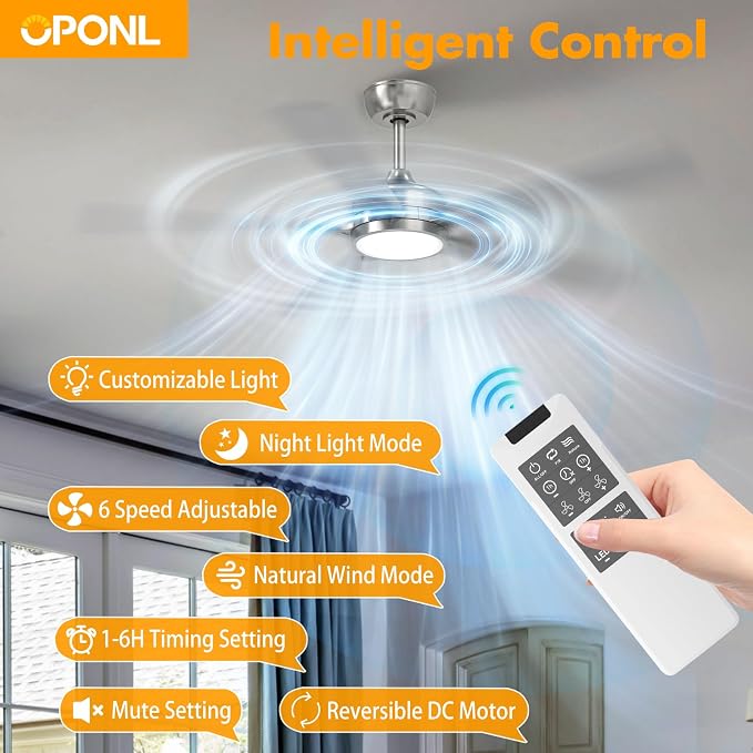 OPONL Ceiling Fan with Light, Ceiling fan with Light and Remote Control, Reversible, 6CCT, Dimmable, Noiseless, Ceiling Fan for Bedroom, Indoor/Outdoor Use, Nickel, 52 inch, Classic