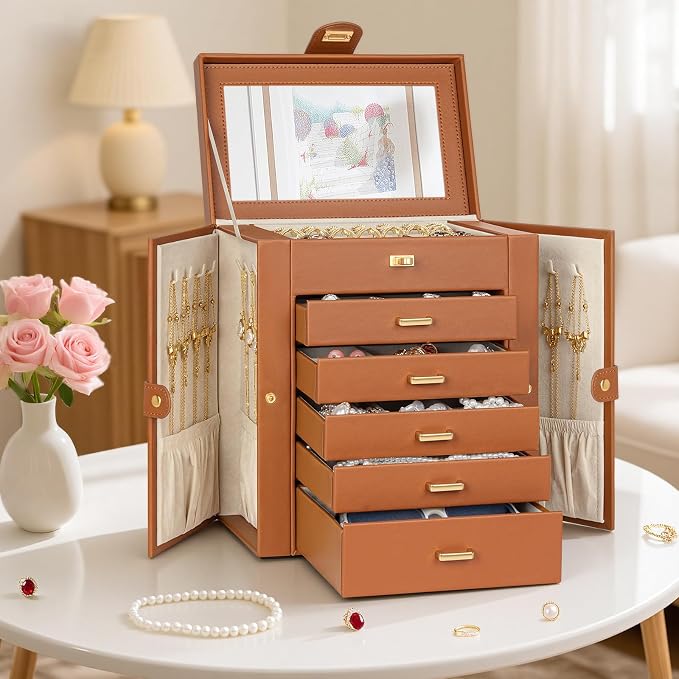 AKOZLIN 6-Tier Jewelry Box Organizer Functional 5 Drawers Leather Jewelry Storage Case for Women Girls Ring Necklace Earring Bracelet Holder Organizer with Mirror Medium Dark Orange