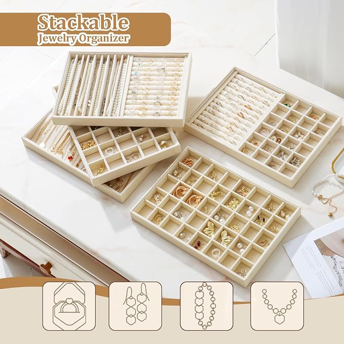 Large Velvet Jewelry Tray 2 Pack Stackable Jewelry Display Drawer Inserts Trays Organizer for Earring Bracelet Necklace Ring (Beige, Ring and 24 Grids)