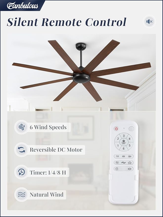 Fanbulous 72 Inch Ceiling Fans No Light with Remote, Black Indoor/Outdoor Ceiling Fan Without Light with Quiet Reversible DC Motor, 6 Speeds, 8 Blades Large Ceiling Fan for Living Room Bedroom Patio