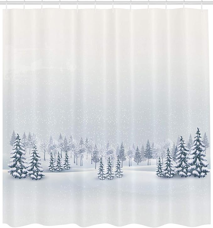 Ambesonne Winter Shower Curtain, Cold Season Scene in a Park Trees Foggy Misty Blurry Ice Freezing Weather Image, Cloth Fabric Bathroom Decor Set with Hooks, 69" W x 75" L, White