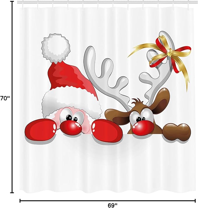 Ambesonne Christmas Shower Curtain, Funny Christmas Santa Claus and Reindeer Peeking Cartoon Style Humor, Cloth Fabric Bathroom Decor Set with Hooks, 69" W x 70" L, Vermilion Caramel White