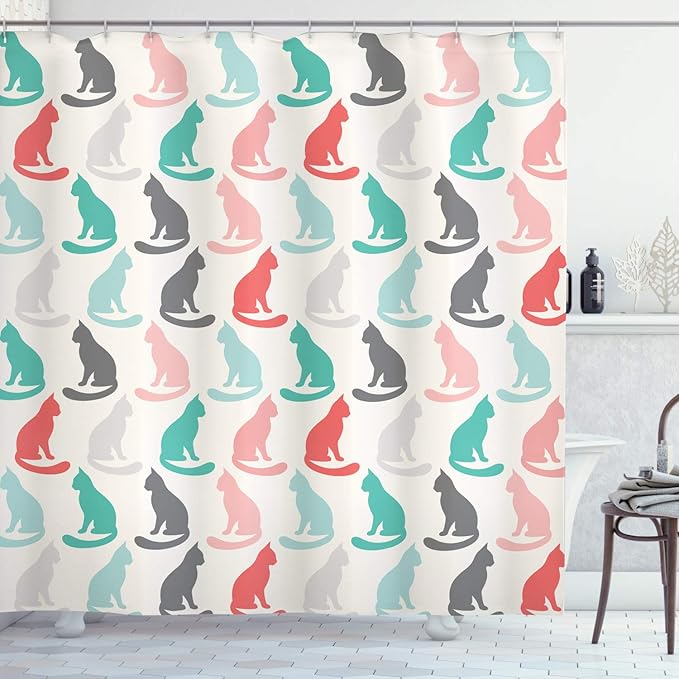 Ambesonne Cat Shower Curtain, Pattern of Sitting Cat Silhouettes Kitten Pet Repetition Simple Illustration, Cloth Fabric Bathroom Decor Set with Hooks, 69" W x 75" L, Turquoise Coral