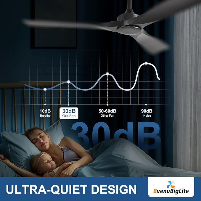 Ceiling Fan Without Light: 52 Inch Outdoor Fan for Patios - Black Ceiling Fan No Light Indoor - Modern 3 Blade Fan with Remote APP Control Reversible 6 Speed DC Motor