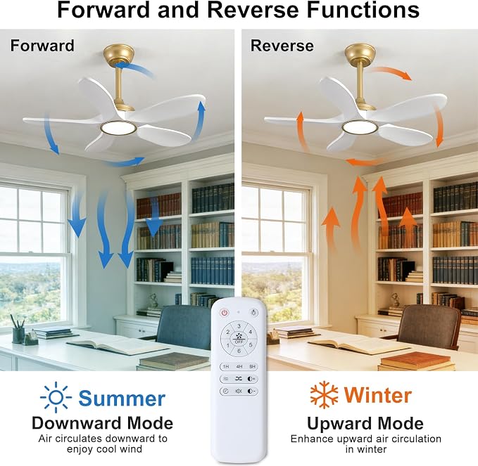 36 Inch White and Gold Ceiling Fans with Lights and Remote Control, Modern 3 Blade Wood Ceiling Fan, Small Outdoor Ceiling Fan with Light for Patio Farmhouse, Quiet DC Motor, Dimmable LED Light