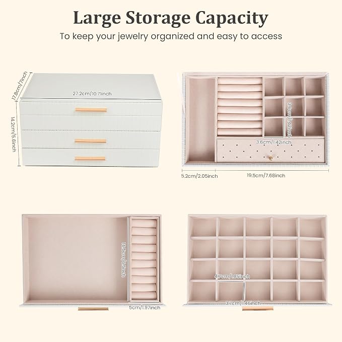 Dajasan Jewelry Box Organizer, 3-Tier Large Jewelry Storage Organizer with 2 Drawers, Space-Saving Jewelry Boxes for Women, PU Leather Surface with Texture, Gift Idea, Modern Style (White)