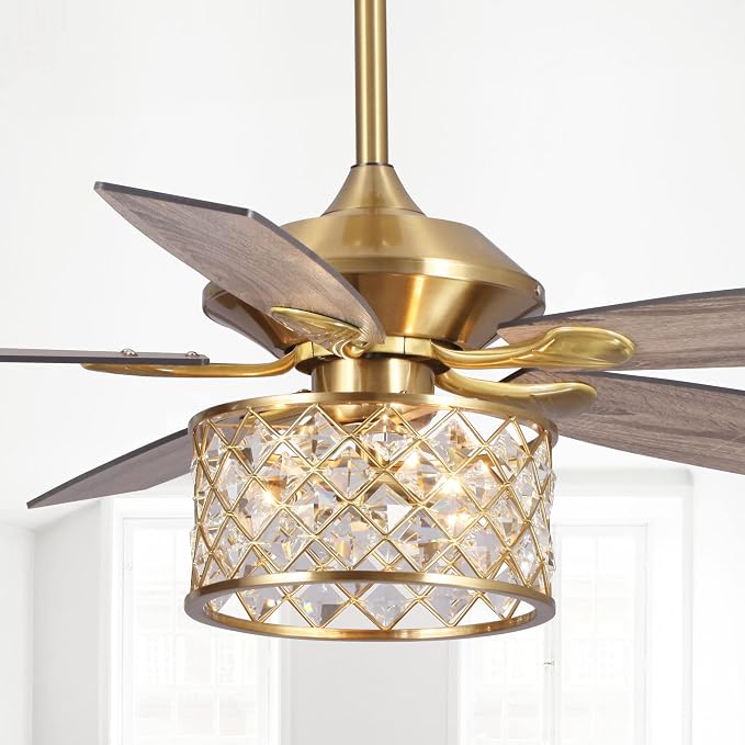 52" Antique Brass Crystal Ceiling Fan with Light and Remote, Vintage Chandelier Ceiling Fan with 5 Wood Blades, Reversible AC Motor, 3-Speed Downrod Mount Fan for Living Room Bedroom Dining Room