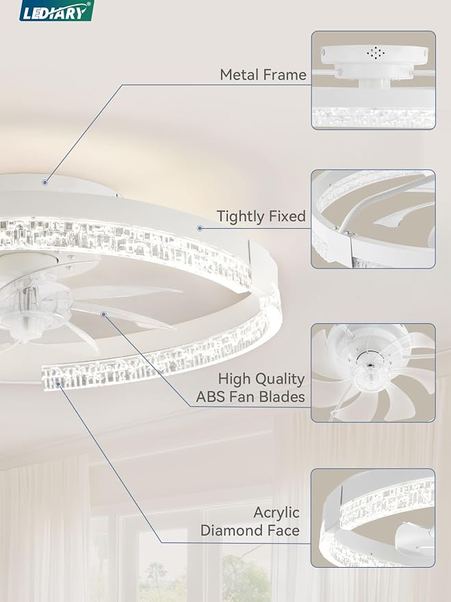 LEDIARY Flush Mount Ceiling Fan with Lights and Remote, 19.7'' Low Profile, 3000-6000K Dimmable Fandelier, 6 Wind Speeds, White Modern LED Fan Light for Bedroom
