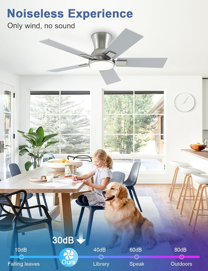 42 Inch Ceiling Fans with Lights and Remote, Brushed Nickel Flush Mount Low Profile Ceiling Fan for Bedroom, Patio, Reversible DC Motor, 6-Speed Quiet LED Dimmable, ETL Listed