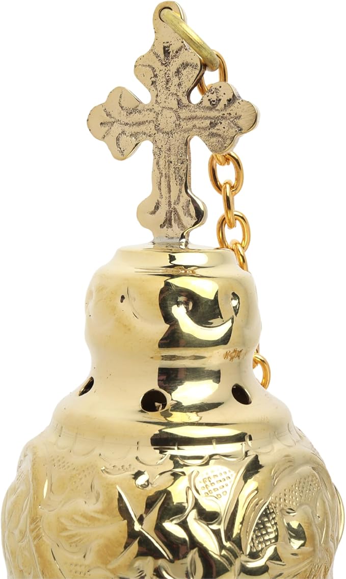 Needzo Hanging Brass Incense Burner with Bells, Gold Tone Swinging Censor, Catholic Church Supplies, 25 Inch Chains with 7" Body