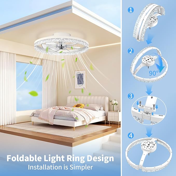 CHAREADA Ceiling Fan with Light, 20" Modern Low Profile Foldable Ceiling Fans with 6 Wind Speeds (Crystal White)
