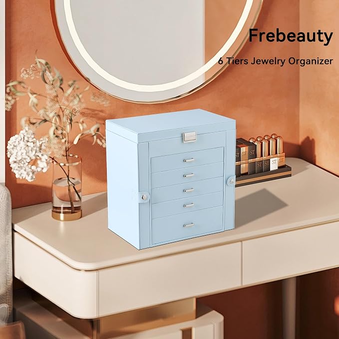 Frebeauty 6-Layer Jewelry Box for Women,Large Jewelry Organizer with Drawer | Faux Leather,Built-in Mirror,Spacious Jewelry Storage,16 Necklace Hooks,Organizing by Category for Rings Earrings Bracelet
