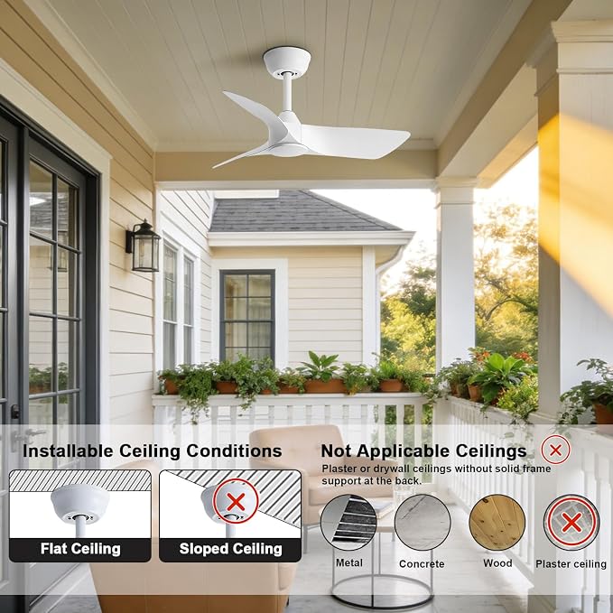 30 Inch White Small Ceiling Fan No Light with Remote 6 speeds | 30 inch quiet ceiling fan no light. 6 speeds, reversible DC motor, timer for small room, bedroom, kitchen, covered patio