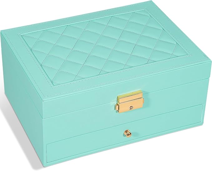 GUOER Jewelry Box for Women Girls, Two Layers Jewelry Organizer (Teal) | Vintage Quilting Stitching PU Leather, Earrings Bracelets Rings Necklace Watches Storage Large Jewellery Holder Case Gifts