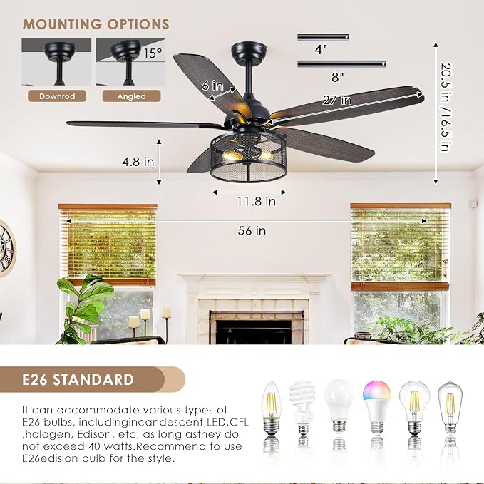 Hounberi 56 Inch Farmhouse Ceiling Fans with Lights and Remote Control | 6-Speed Reversible DC Motor, 5 Double Finish Blades, Black Caged Ceiling Fan with Light for Bedroom, Living Room, Kitchen